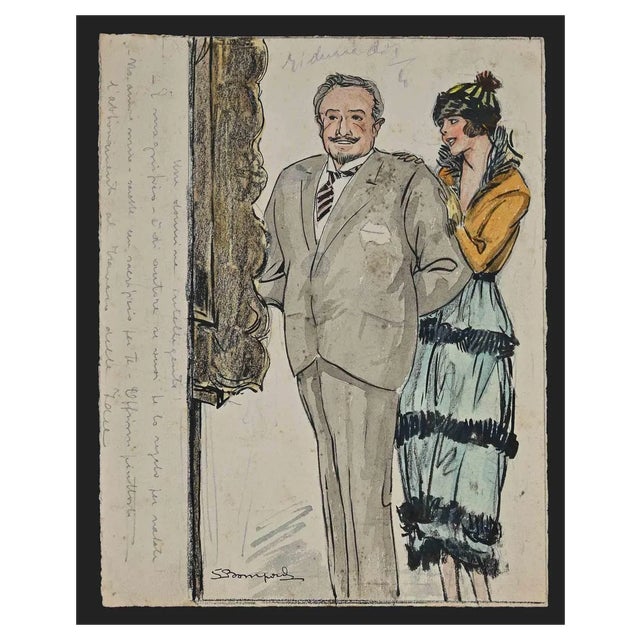 Luigi Bompard, Family Relations, Watercolor and Ink, 1920s For Sale