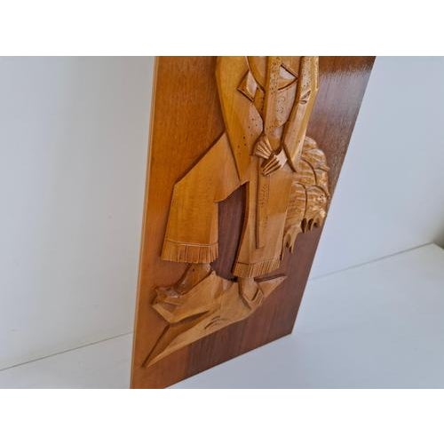 Brown Mid-Century Czech Hand-Carved Wooden Shepherd Wall Relief, 1960 For Sale - Image 8 of 15