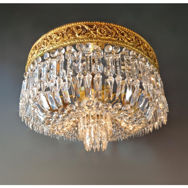 Antique Oval Flush Mount Chandelier Brass Crystal Ceiling Light Restored Gold For Sale - Image 9 of 10