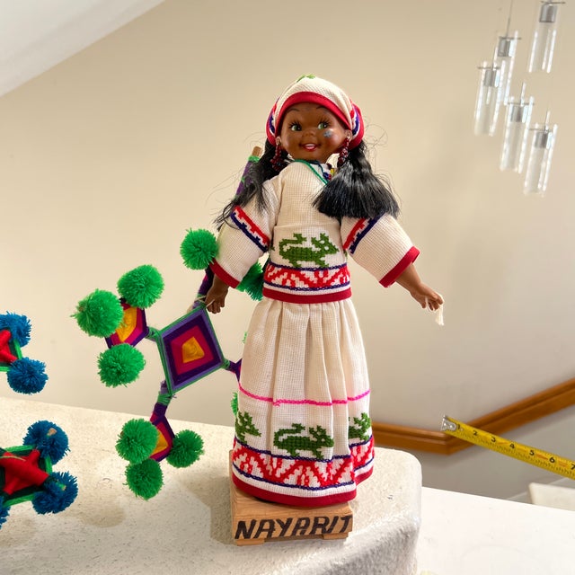 Vintage Native 2 Set Traditional Mexican Huichol Hand-Decorated Dolls -14 Inches For Sale - Image 11 of 11