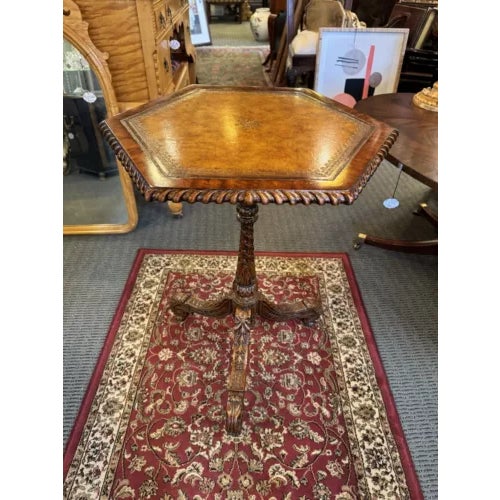 1990s 1990s Vintage Maitland Smith Hexagonal Table With Embossed Leather Top and Tripod Feet For Sale - Image 5 of 9