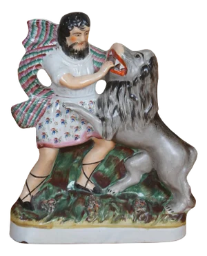 Antique Mid 19th Century Staffordshire Porcelain Samson & the Lion Figurine