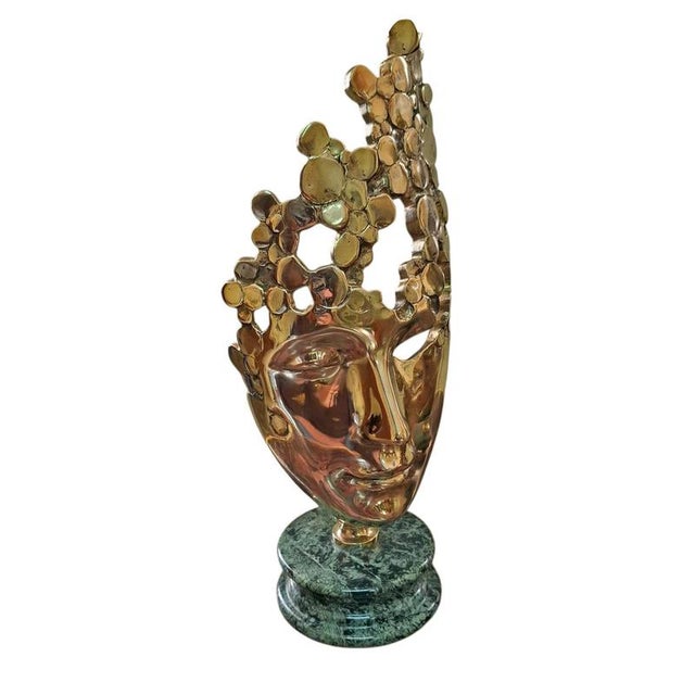 Contemporary Geometric Bronze Masks with Marble Bases, Set of 2 For Sale - Image 3 of 5