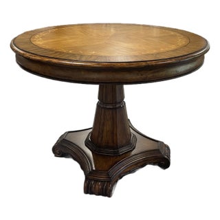 Traditional Round Inlaid Pedestal Table With Carved Base For Sale