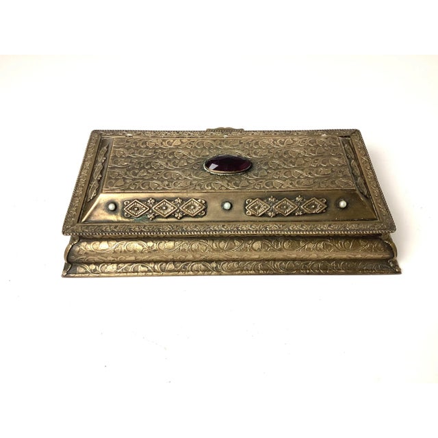 1920s Vintage Art Deco La Tausca Brass Jeweled Ormolu Jewelry Box For Sale - Image 4 of 9