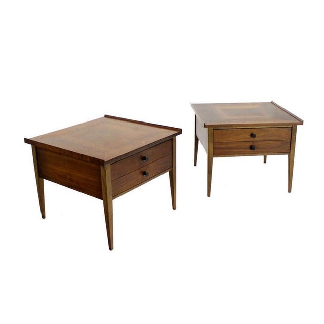 Pair Large Square Raised Rolled Edge Danish Mid Century Modern Walnut End Tables For Sale - Image 6 of 9