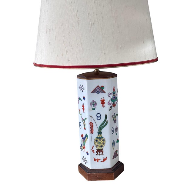 Vintage Chinese Porcelain Hexagonal Lamp With Famille Rose Motifs and Wood Accents For Sale In New York - Image 6 of 11
