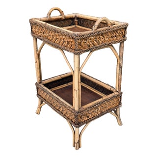 Vintage Bamboo Wicker Rattan 2-Tier Table Stand Occasional Table For Sale
