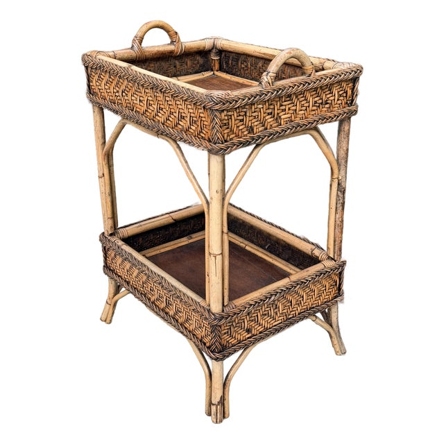 Vintage Bamboo Wicker Rattan 2-Tier Table Stand Occasional Table For Sale