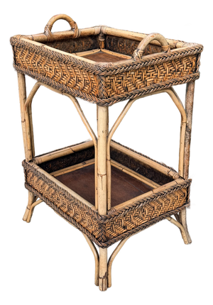 Vintage Bamboo Wicker Rattan 2-Tier Table Stand Occasional Table