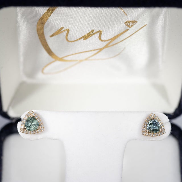 Modern 1Ct Montana Sapphire Earrings With Earth-Mined Diamond Accents: Solid 14k Gold For Sale - Image 3 of 8