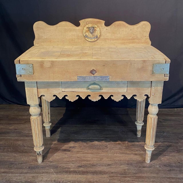 Antique French Butcher’s Block Table With Bull’s Head Mount and Rare Paris Label For Sale - Image 15 of 18