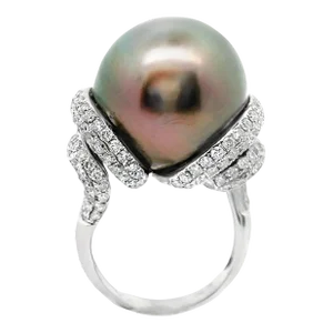 17mm Tahitian Pearl Diamond 18k White Gold Ring Size 6.75