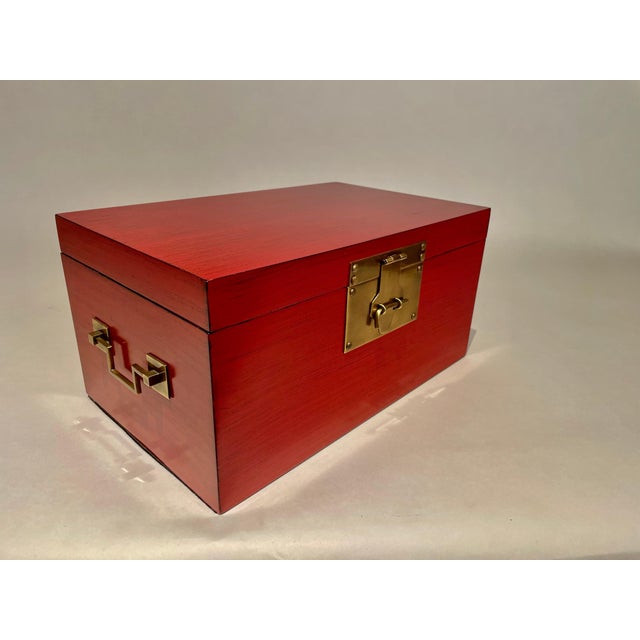 Mid 20th Century Chinese Red Lacquered Box With Brass Mounts, Mid 20th Century For Sale - Image 5 of 12