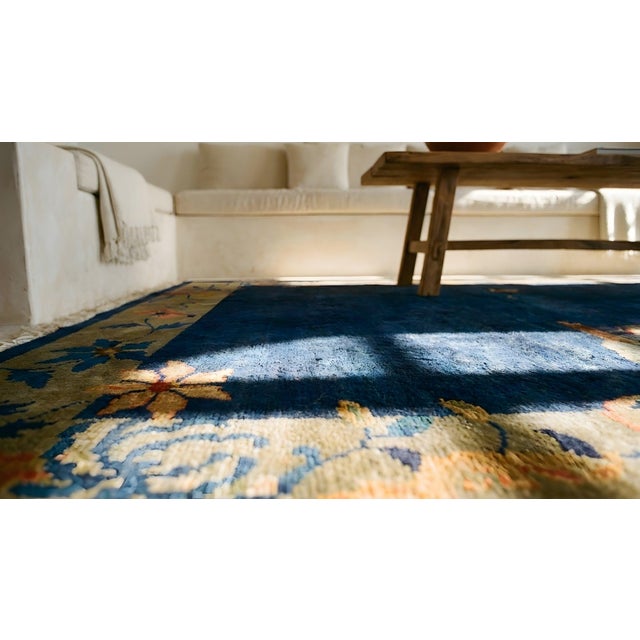 1920s Blue Navy Vase Floral Antique Chinese Art Deco Carpet 5' X 7'7" Knotted Wool Rug For Sale - Image 16 of 16
