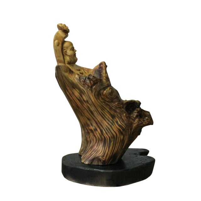 2010s Chinese Cypress Wood Carved Irregular Shape Happy Buddha Statue For Sale - Image 5 of 7