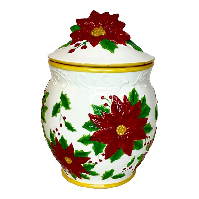 1970s Vintage Majolica Americana Christmas Poinsettia Canister For Sale