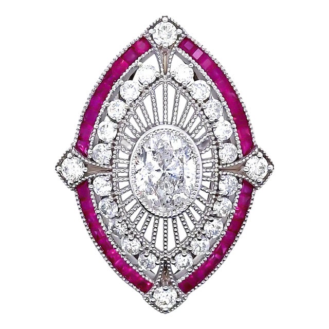 14ct White Gold Ruby & Diamond Set "Art-Deco" Inspired Ring 4.62ct For Sale