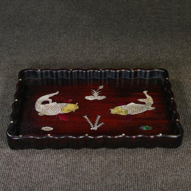 Late 20th Century Scalloped Wooden Tray With Mother-of-Pearl Koi Fish Inlay For Sale - Image 4 of 10