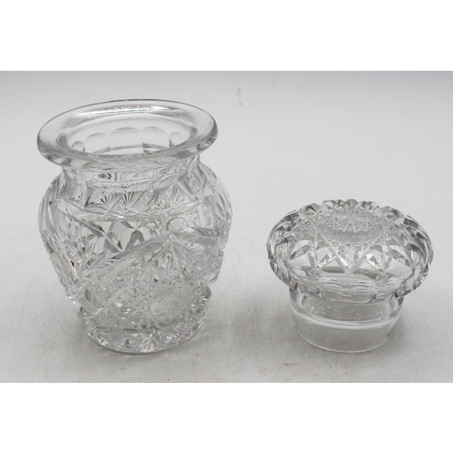 American brilliant period cut glass jar with cover, circa 1896-1915. For cocktail cherries. Hobstar, cane, strawberry,...