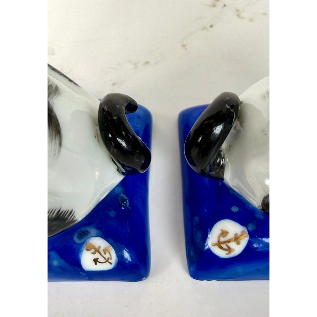 Ceramic Pair of Porcelain Pug Dog Figurines on Cobalt Blue Bases, Late 19th Century For Sale - Image 7 of 18