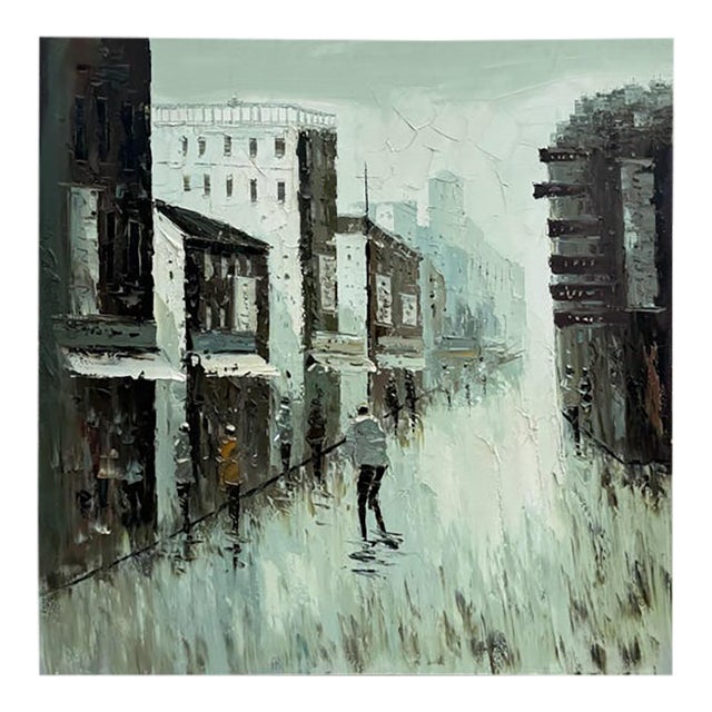 Rainy Cityscape Oil Painting Brutalist Impasto Figurative Street Scene For Sale