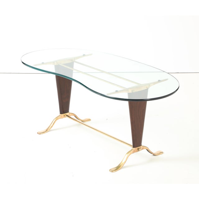 Paolo Buffa Paolo Buffa Style Brass and Walnut Coffee Table With Kidney Shape Glass Top For Sale - Image 4 of 17