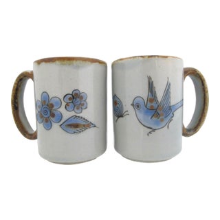 Ken Edwards El Palomar Blue Bird Flowers Mexican Tonala Folk Art Coffee Cup Pair For Sale