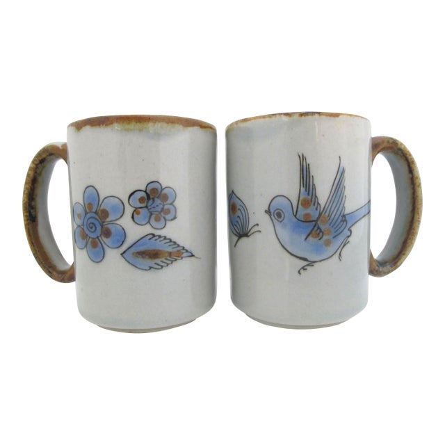 Ken Edwards El Palomar Blue Bird Flowers Mexican Tonala Folk Art Coffee Cup Pair For Sale