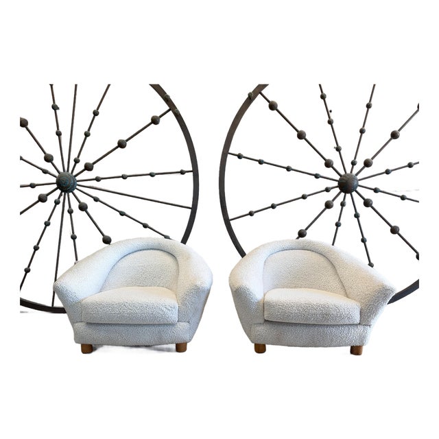 Pair of Vintage 1950s French-Style Plush Ivory Lounge Chairs After Royere For Sale