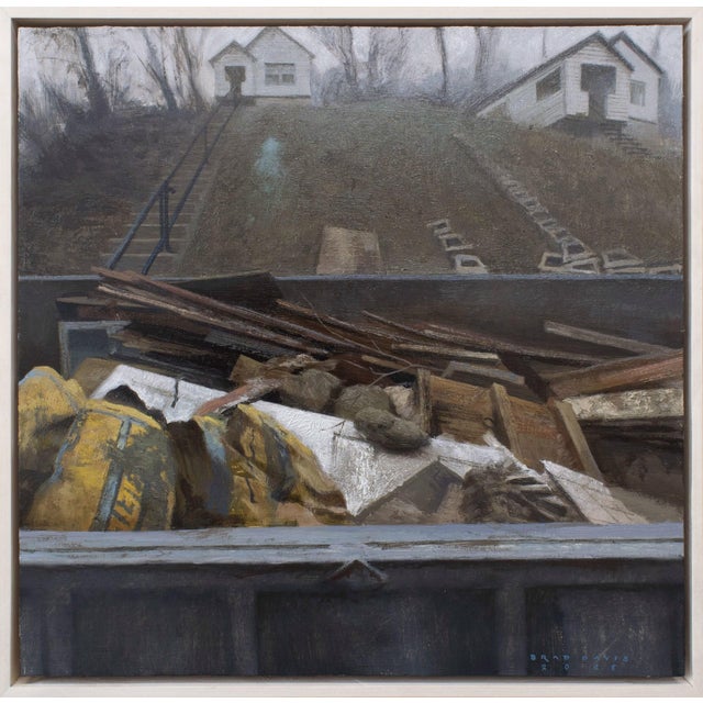 Rehab by Brad Davis | Oil on Wood Panel Depiction of a dumpster with debris and distant houses. For Sale - Image 4 of 5