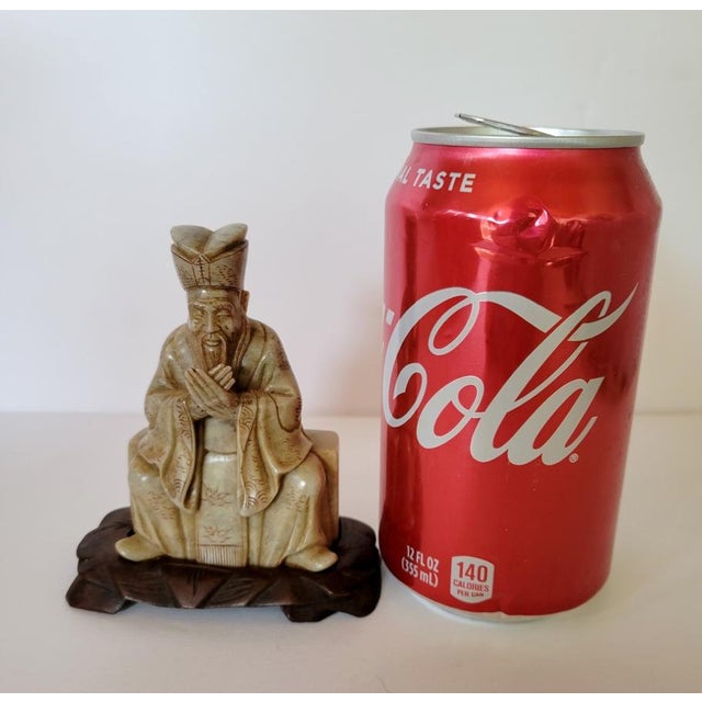 Wood Early 20th C Chinese Carved Soapstone Seated Confucian Scholar Figure on Wood Stand – Collector's Find For Sale - Image 7 of 7