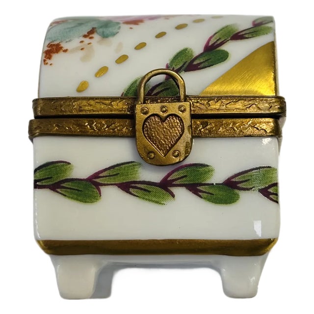 Vintage Limoges Porcelain Footed Trinket Chest With Gold and Flowers Decoration For Sale
