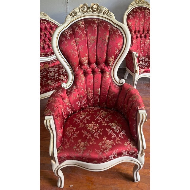 Rococo Mid 20th Century 3-Piece Victorian Rococo Revival Style Parlor Suite — Carved Cream & Gold Frames, Burgundy Brocade For Sale - Image 3 of 18