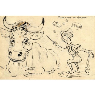 G. Cervelli, Toréador En Garde: Satirical Cartoon, 1910s, Pen & Ink Drawing For Sale