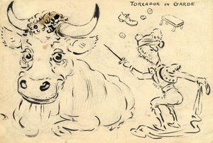 G. Cervelli, Toréador En Garde: Satirical Cartoon, 1910s, Pen & Ink Drawing