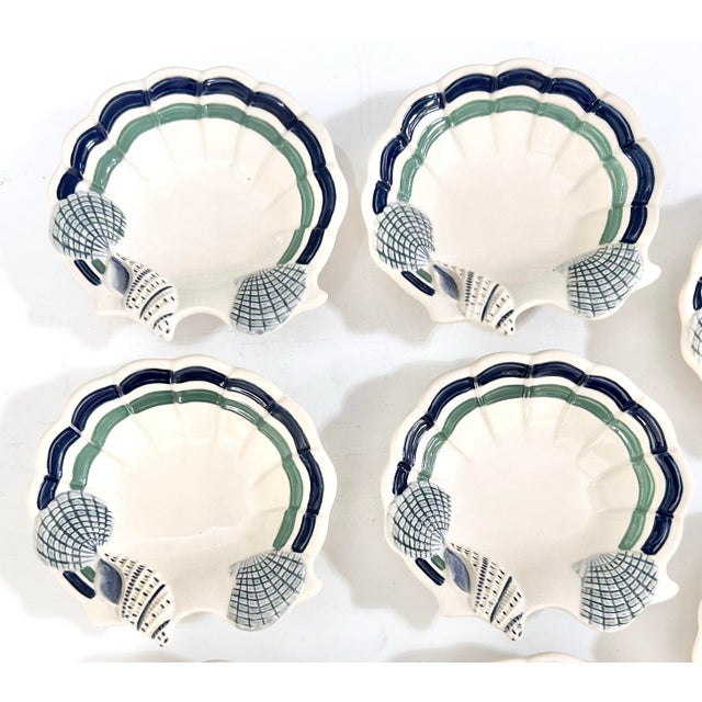 Vintage Coastal Shell Dishes Nautical Appetizer Plates, Blue Green Scallop Edge Seafood Serveware - Set of 8 For Sale In Louisville - Image 6 of 10
