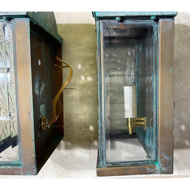 Stunning Pair of Vintage Art Deco Brass Verdigris Wall Sconces / Lanterns For Sale - Image 10 of 14