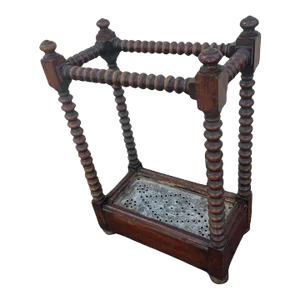 19thc English Oak Petite Size Umbrella Stand W/Spool Construction & Metal Liner