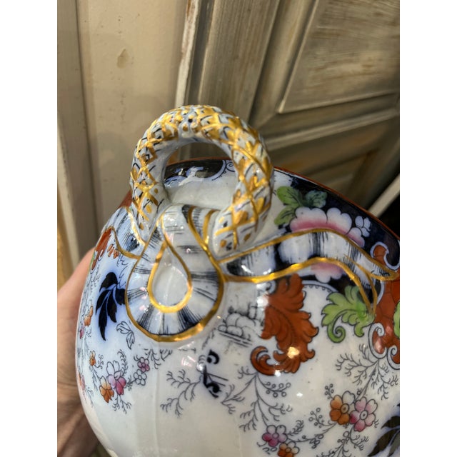 1900s Ridgway Corey Hill Footed Oblong Tureen Bowl Imari Asian Orange Flow Blue 14.25" For Sale - Image 10 of 12