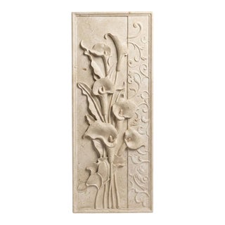 Vintage Hand-Carved Marble Calla Lily Relief Wall Plaque For Sale