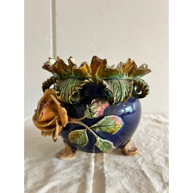 Antique English Barbotine Majolica Applied Rose Vase For Sale - Image 9 of 11