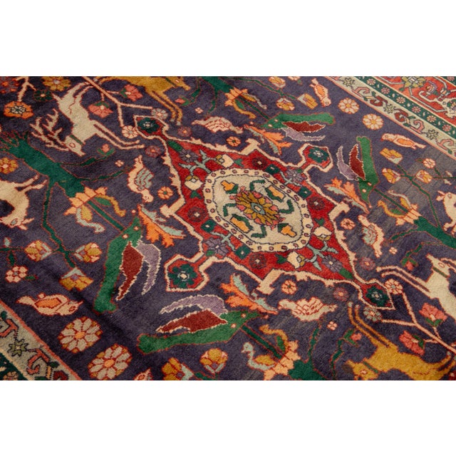 Vintage Shiraz Handmade Pictorial Designed Blue Wool Rug For Sale - Image 10 of 11