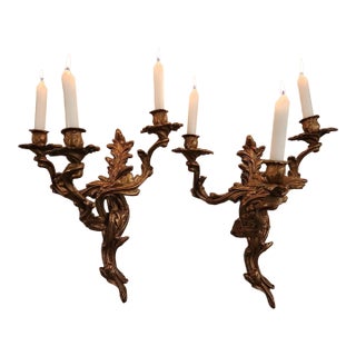 Antique Art Nouveau Pair Heavy Cast Gilt Brass 3 Light Wall Sconces With Aged Patina For Sale