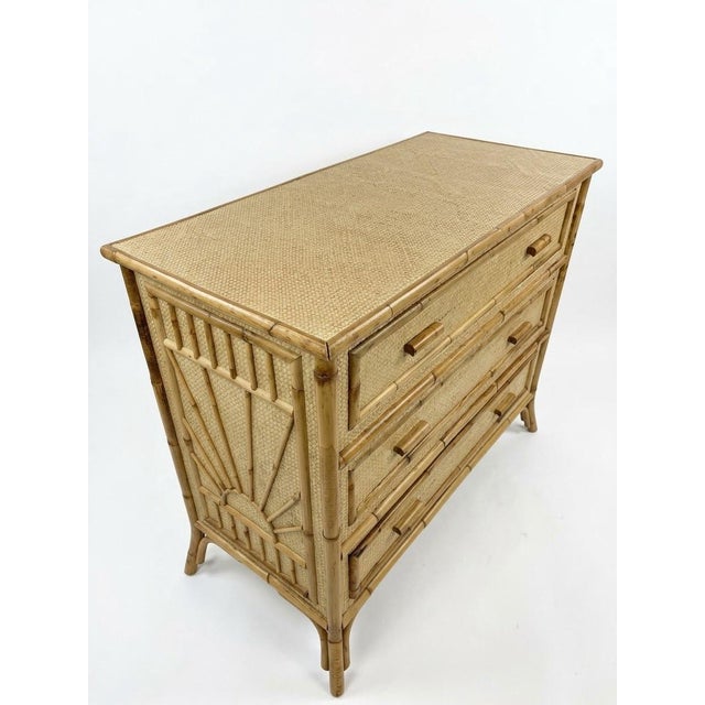 Vintage Tropical Rattan & Bamboo 3-Drawer Dresser With Sunburst Motif For Sale - Image 4 of 12