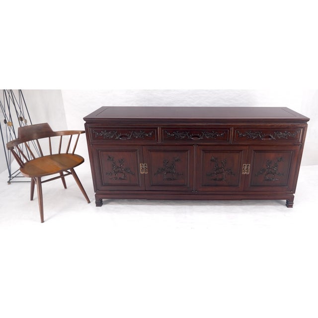 Asian Mid Century Modern Carved 4 Doors 3 Drawers Credenza Dark Solid Teak MINT For Sale - Image 12 of 16