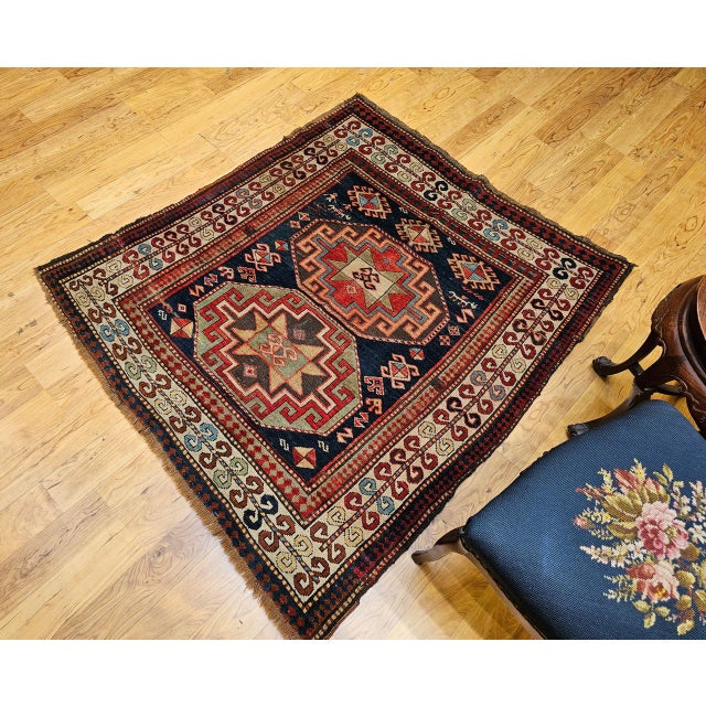 Antique Caucasian Kazak Area Rug, Hand-Knotted Wool, Geometric Medallion Pattern, 5x5 For Sale In Chicago - Image 6 of 18