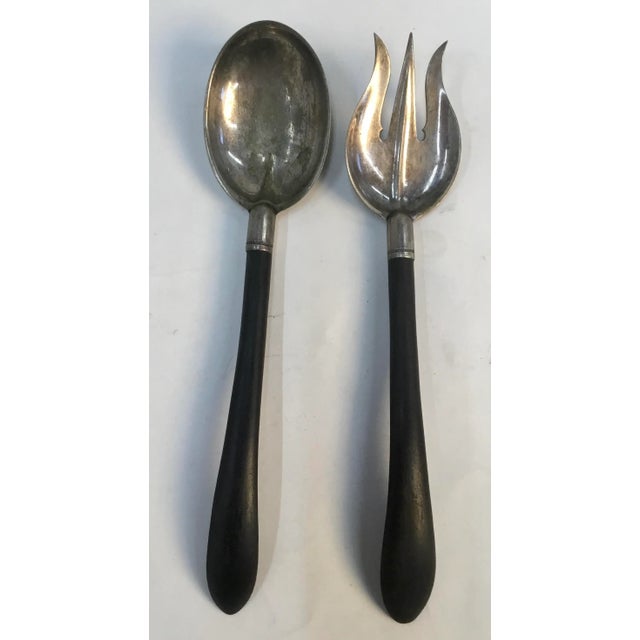 Antique Ebonized Handles Silver Plate Salad Serving Set. For Sale - Image 10 of 10