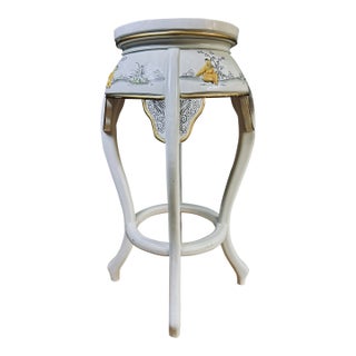 1980s Chinoiserie Mother-of-Pearl Inlaid Tall Stool or Side Table With Glass Top, 25" For Sale