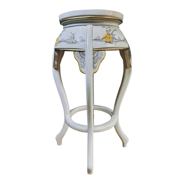1980s Chinoiserie Mother-of-Pearl Inlaid Tall Stool or Side Table With Glass Top, 25" For Sale